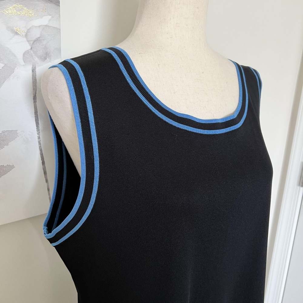 Misook Tank Top Womens XL Black Knit Scoop Neck Blue Trim Sleeveless Minimalist - Picture 2 of 6